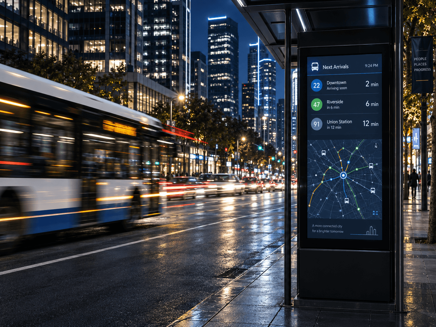 Painel digital de transporte público em uma avenida movimentada